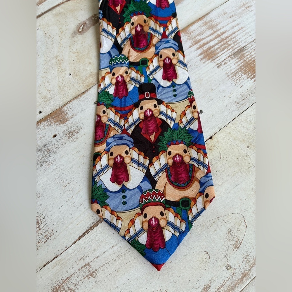 FRATELLO turkey Thanksgiving tie pilgrims novelty neck tie handmade festive EUC